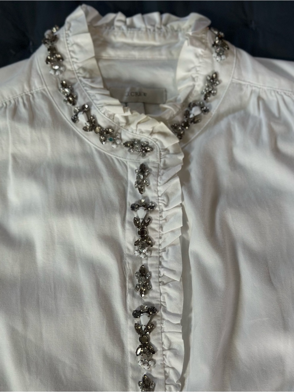 J. Crew White Ruffle Collar Beaded Button-Front Blouse